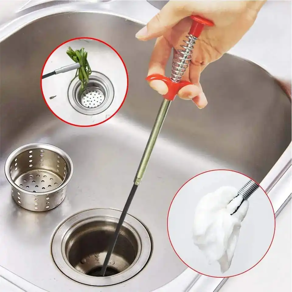 Stainless Steel Hair Catching Drain Cleaner Wire Spring Sink Cleaning Stick - 60 Inch Big Size